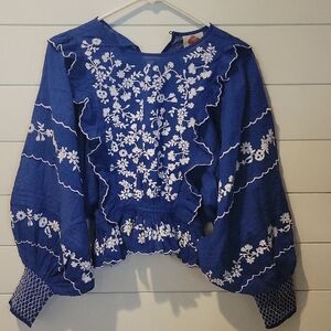 FARM RIO EMBROIDERED LONG SLEEVE BLOUSE XXS  BLUE/WHITE